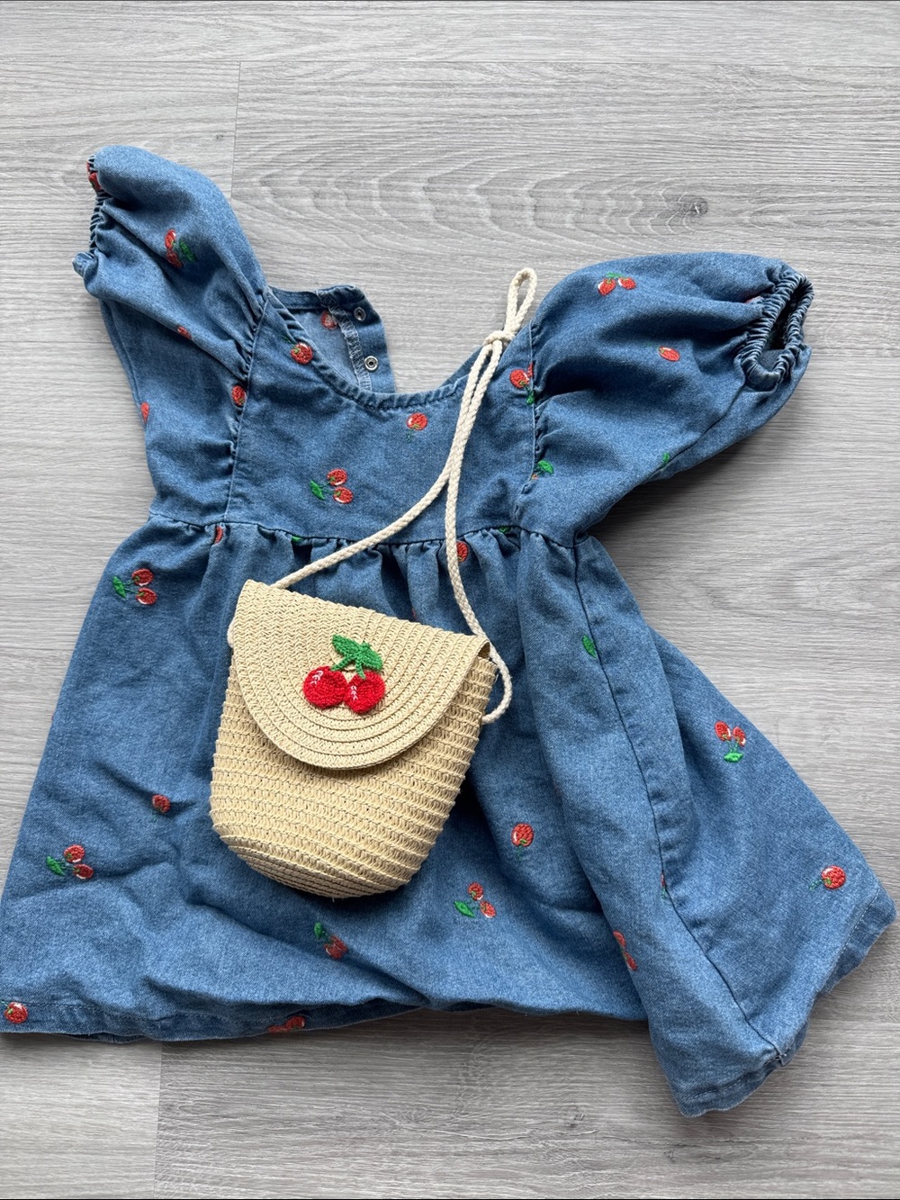 Kids Straw Crossbody Bag with Red Cherry Accent - Neutral